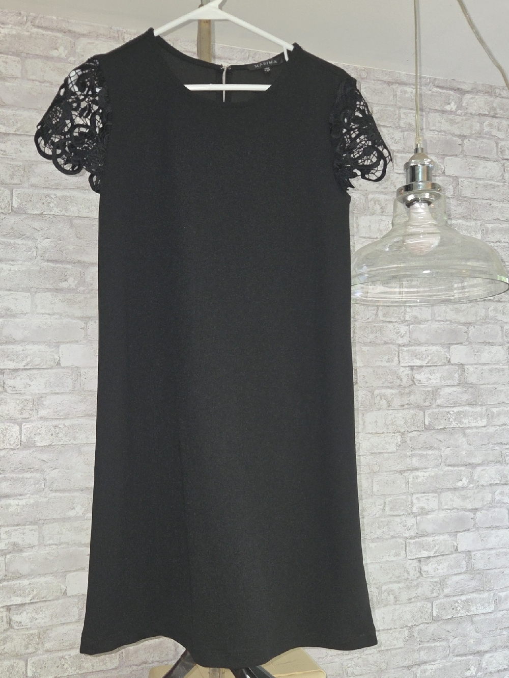 MARINA Black Midi Shift Dress with Lace Sleeves